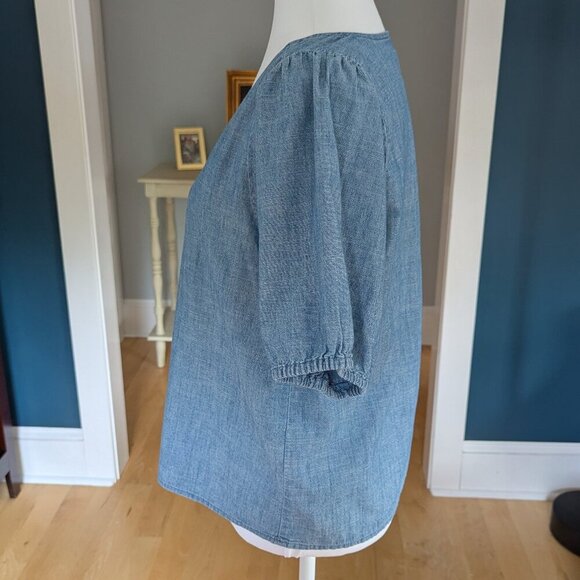 J. Crew Factory Women's Chambray V-Neck Puff Sleeves Top Blue Boho Shirt - Picture 4 of 9